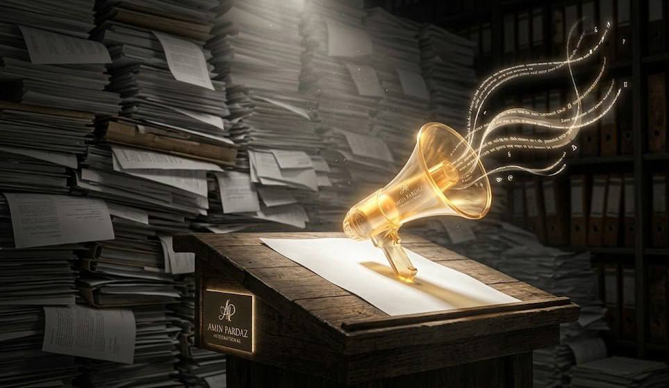 A conceptual image of a golden megaphone on a desk surrounded by stacks of papers, emitting streams of light and letters