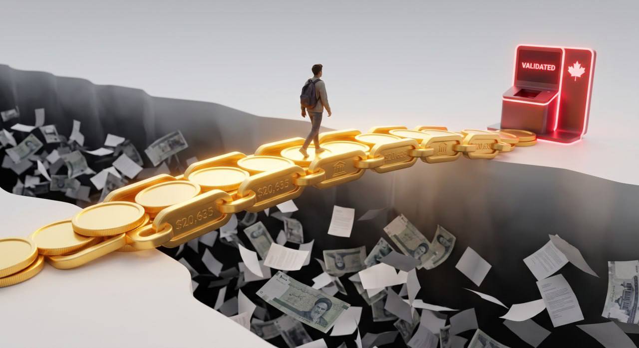 A conceptual image of a student walking across a chain made of golden coins over falling currency and documents toward a validated Canadian gateway
