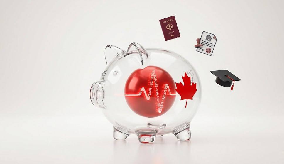 Conceptual image of a transparent piggy bank with a red core and Canadian maple leaf, surrounded by icons of passport, documents, and graduation cap