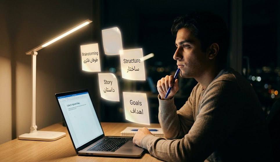 A student sitting at a desk at night, thinking and planning with floating digital notes labeled Brainstorming, Story, Structure, and Goals