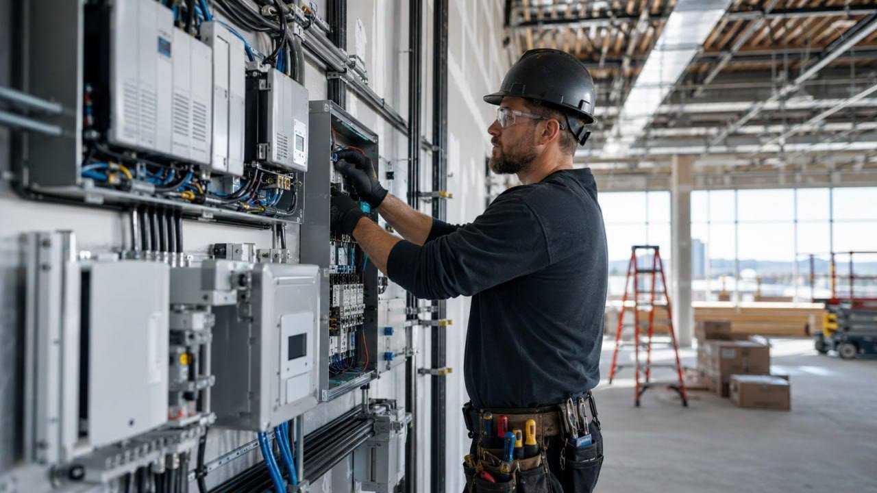 Electrician working on commercial electrical systems