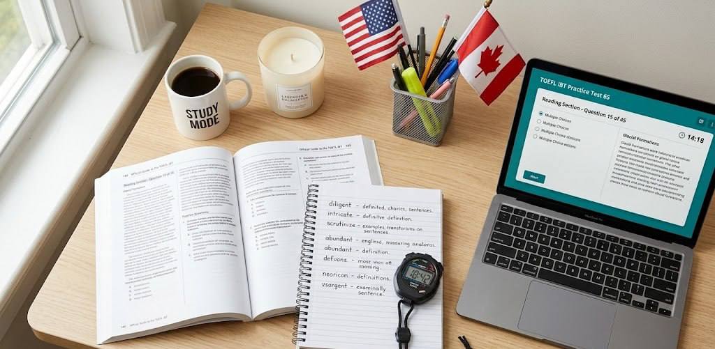 Study desk with TOEFL practice books, handwritten notes, a laptop showing a practice test, coffee, and small flags of Canada and USA, representing TOEFL preparation at home