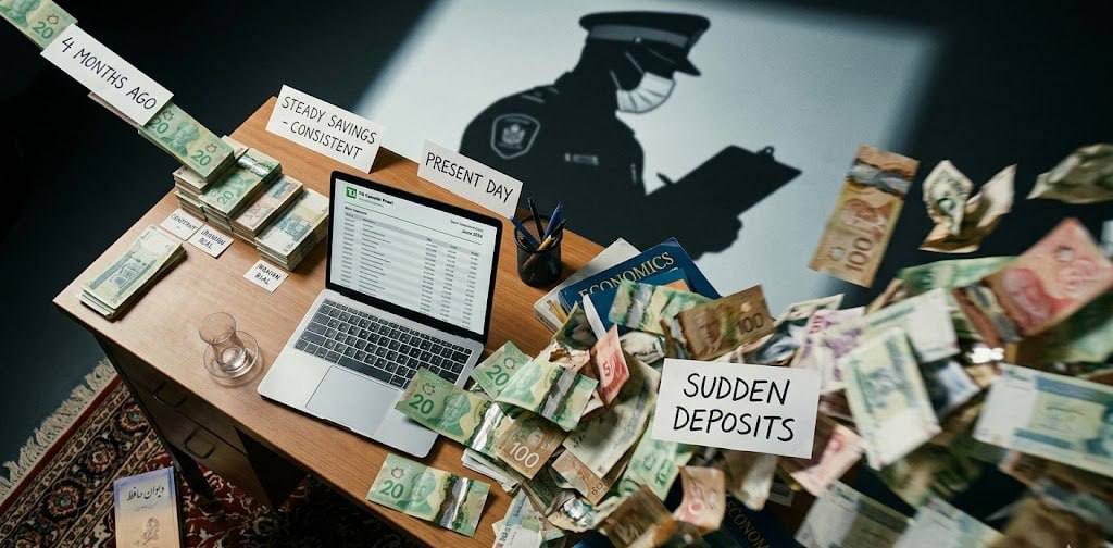 A desktop with stacked CAD banknotes, a laptop showing bank statements, and a police shadow figure in the background